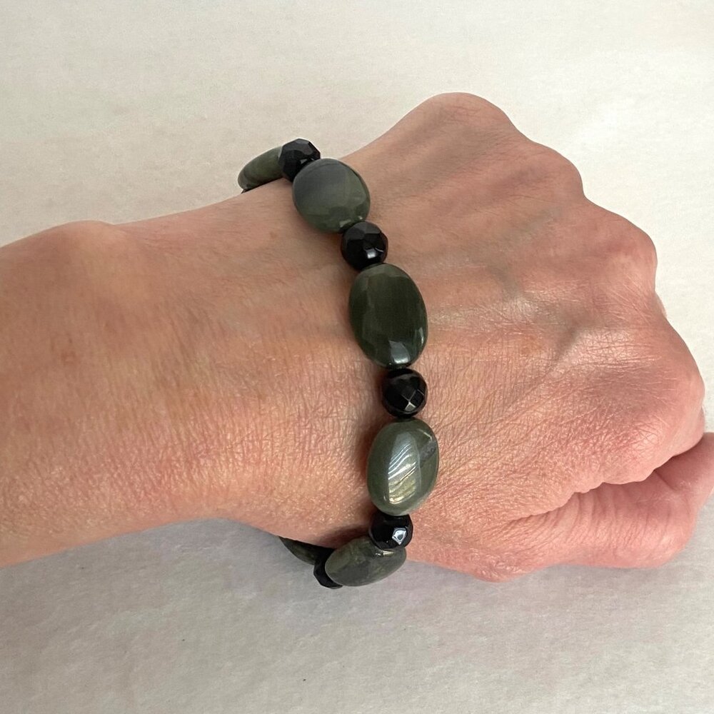 Sterling Silver 925 Oval Green Jasper & Black Glass Beaded Bracelet 8.5"